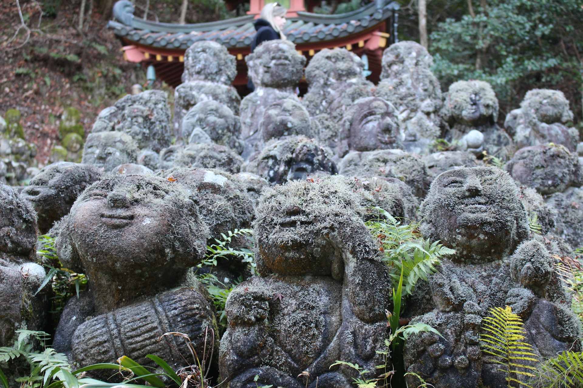 a group of statues sitting in the middle of a forest