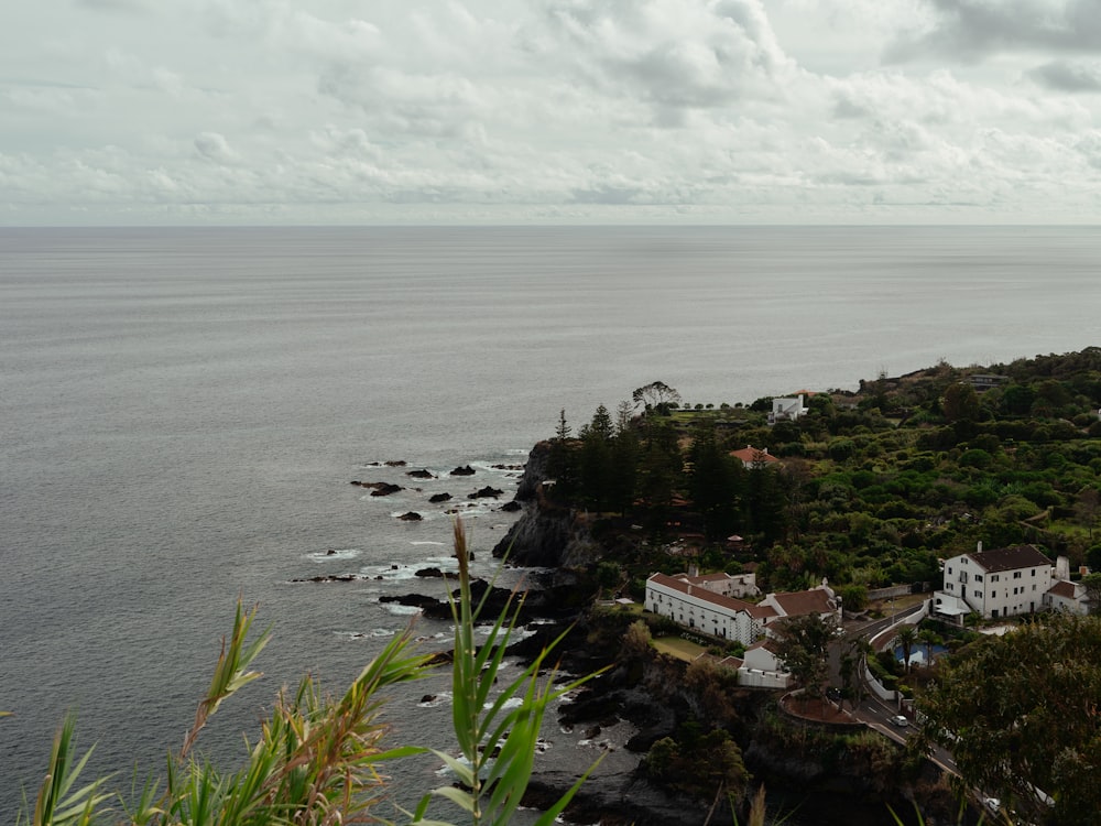 a large body of water next to a lush green hillside