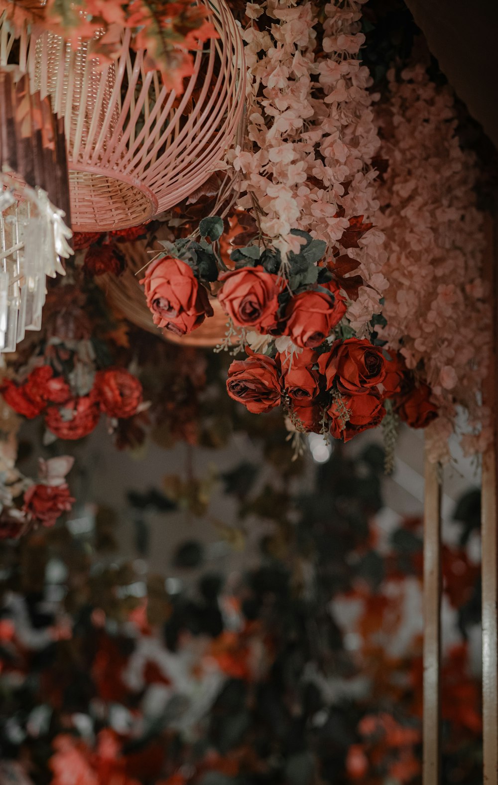a bunch of flowers that are hanging from a ceiling