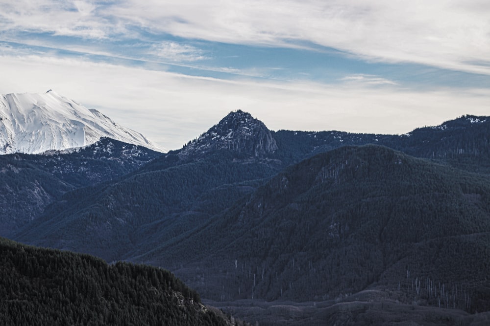 a mountain range with a snow capped peak in the distance