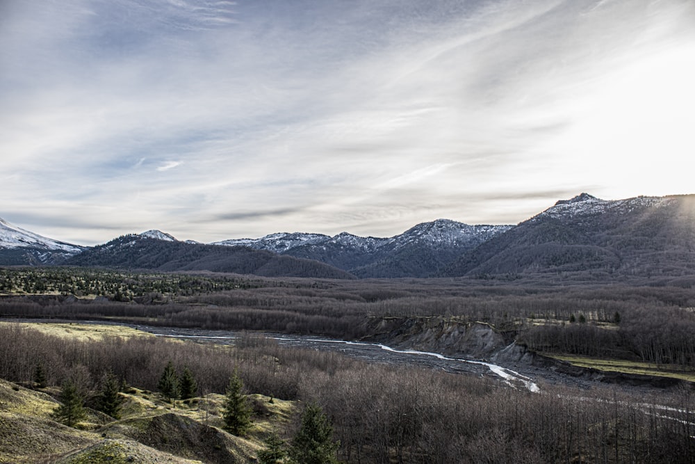 a view of a mountain range with a river in the foreground