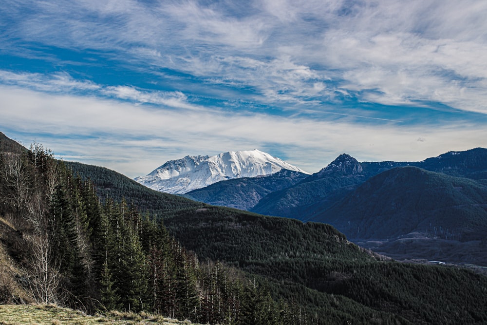 a scenic view of a mountain range with snow capped mountains in the distance