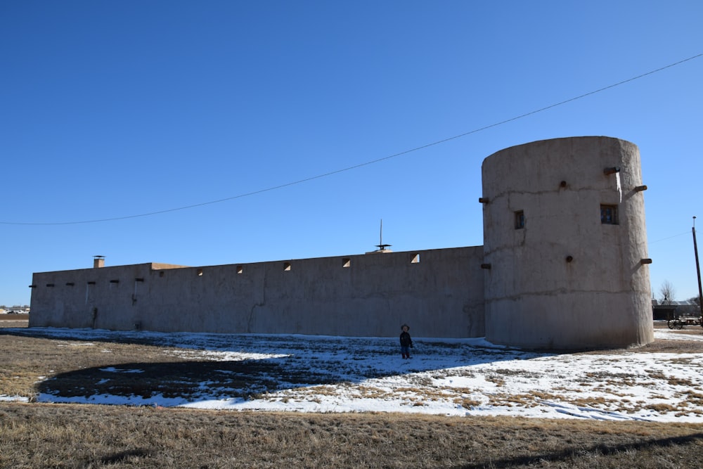 a man standing in front of a large building