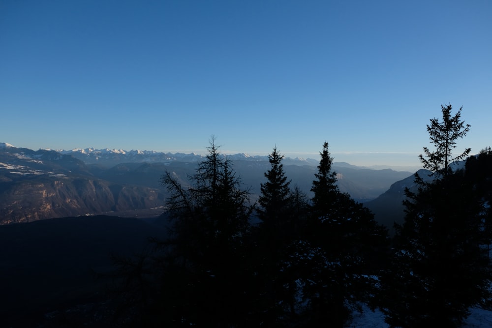 a view of a mountain range with trees in the foreground