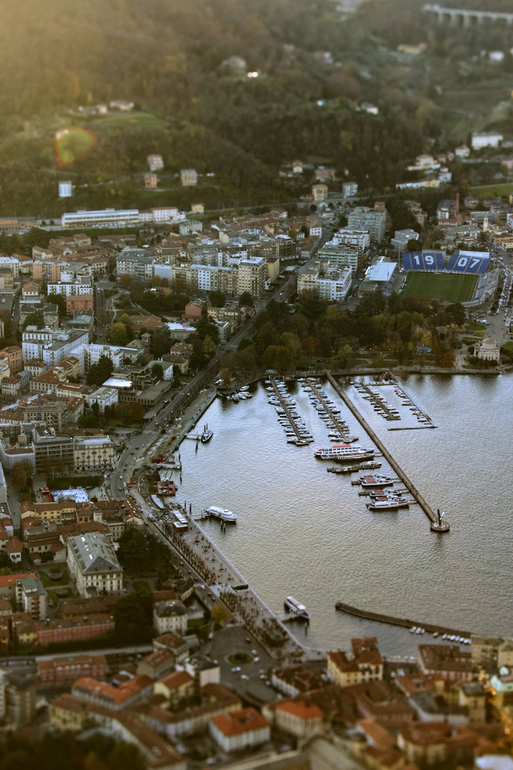 an aerial view of a city and a harbor