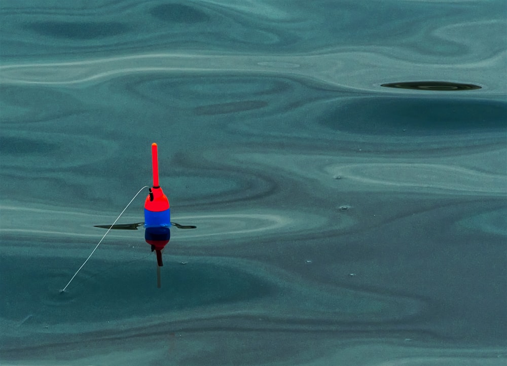 a red and blue object floating in a body of water