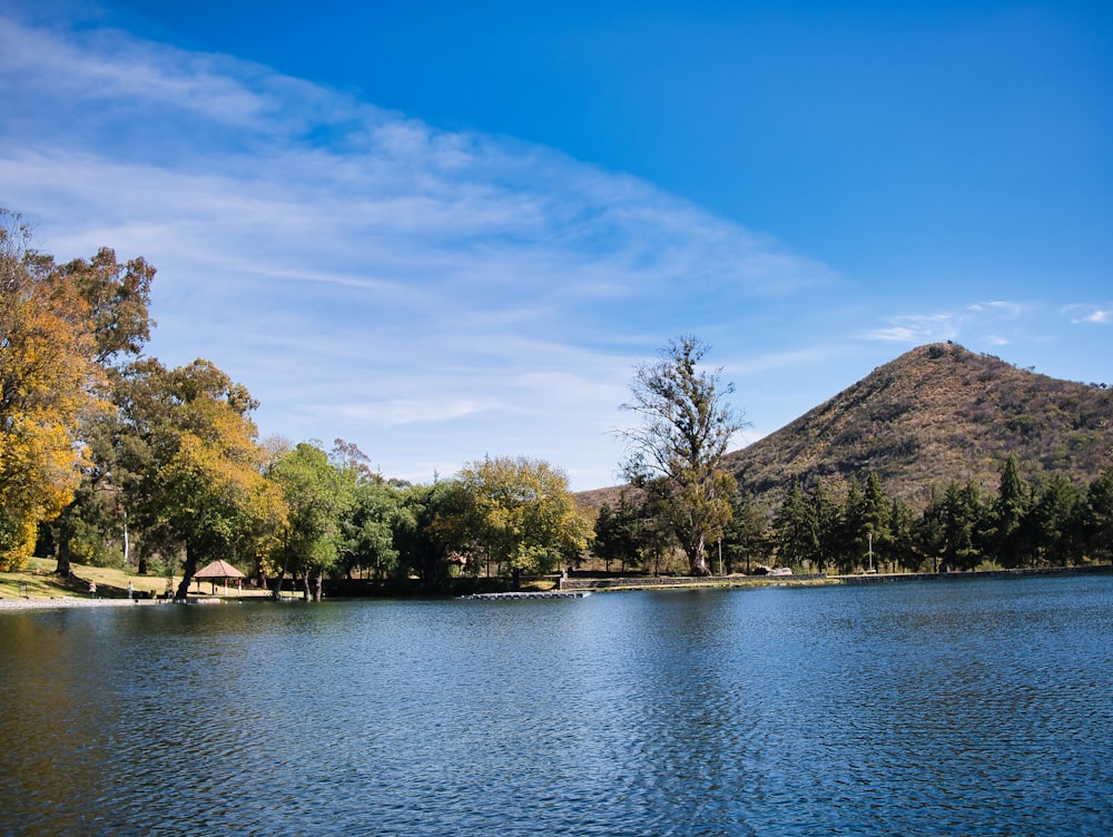 a lake surrounded by trees with a mountain in the background