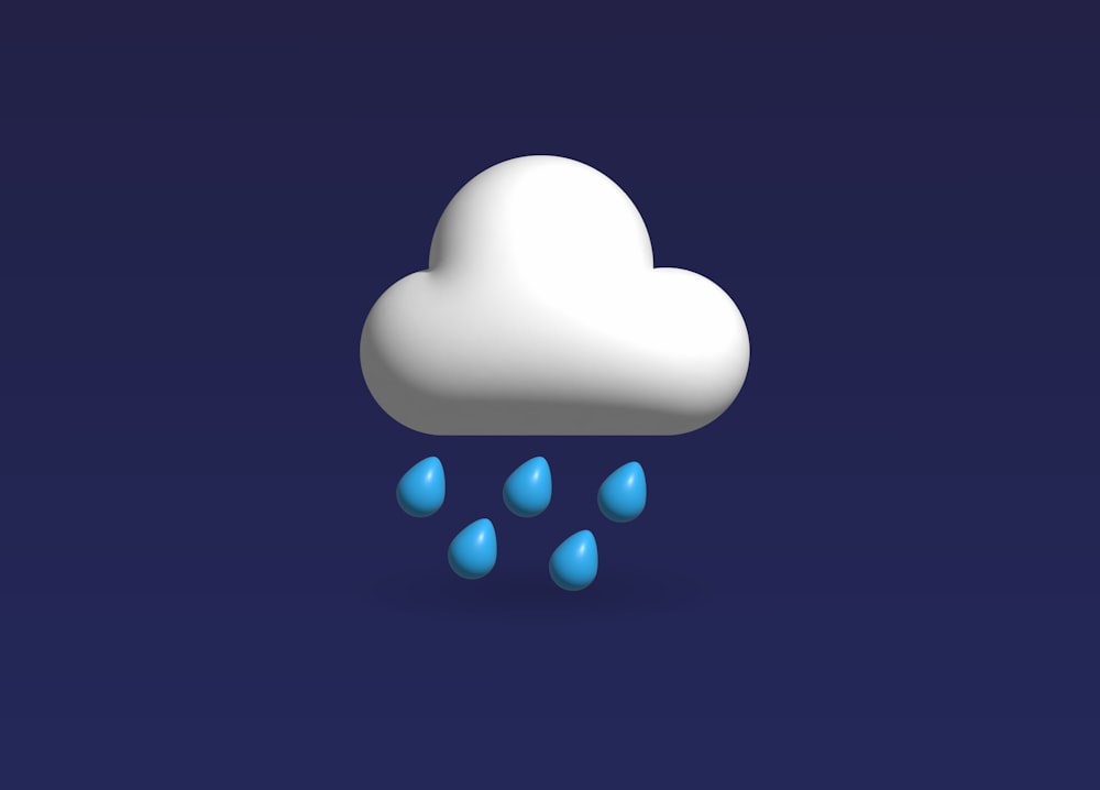 a white cloud with blue rain drops on a dark blue background