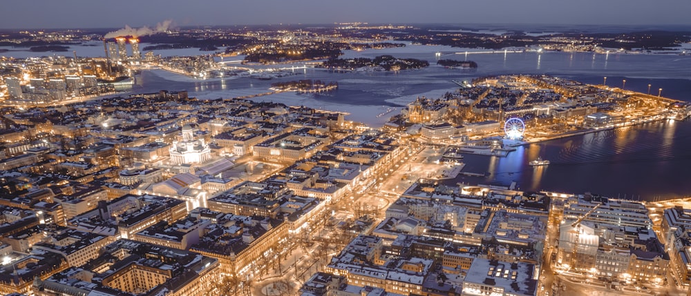 an aerial view of a city at night