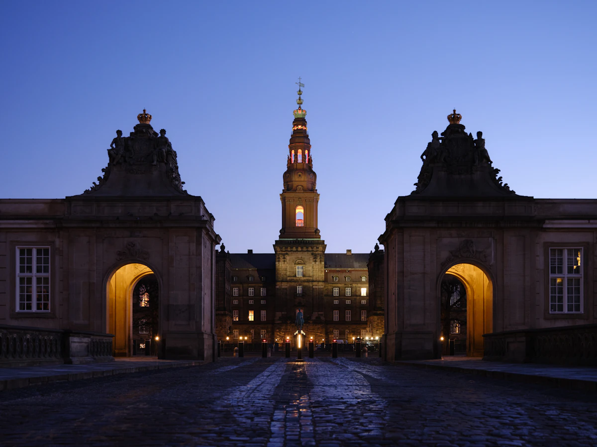 Christiansborg Palace tower rising above the palace façade in Copenhagen