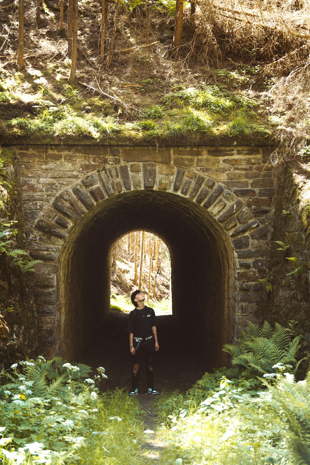 a man standing in a tunnel in the woods