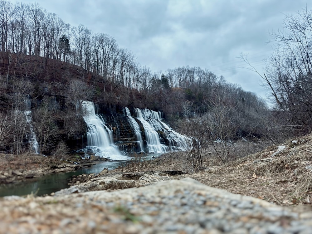 a large waterfall in the middle of a forest