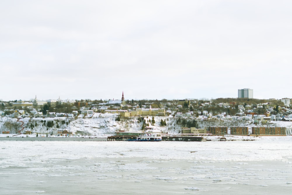 a large body of water with a city in the background