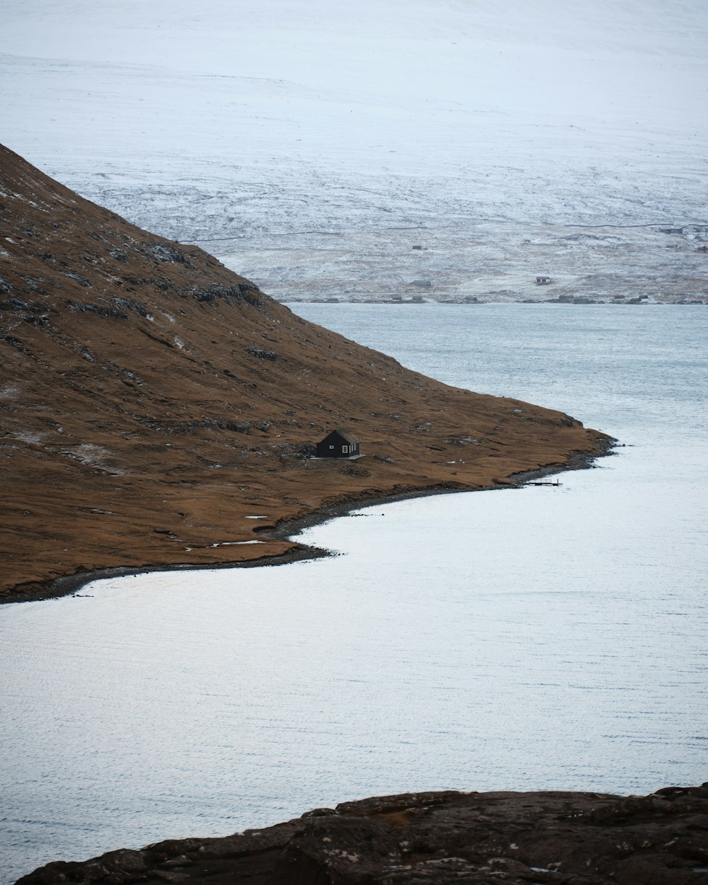 a lone sheep standing on a hill next to a body of water