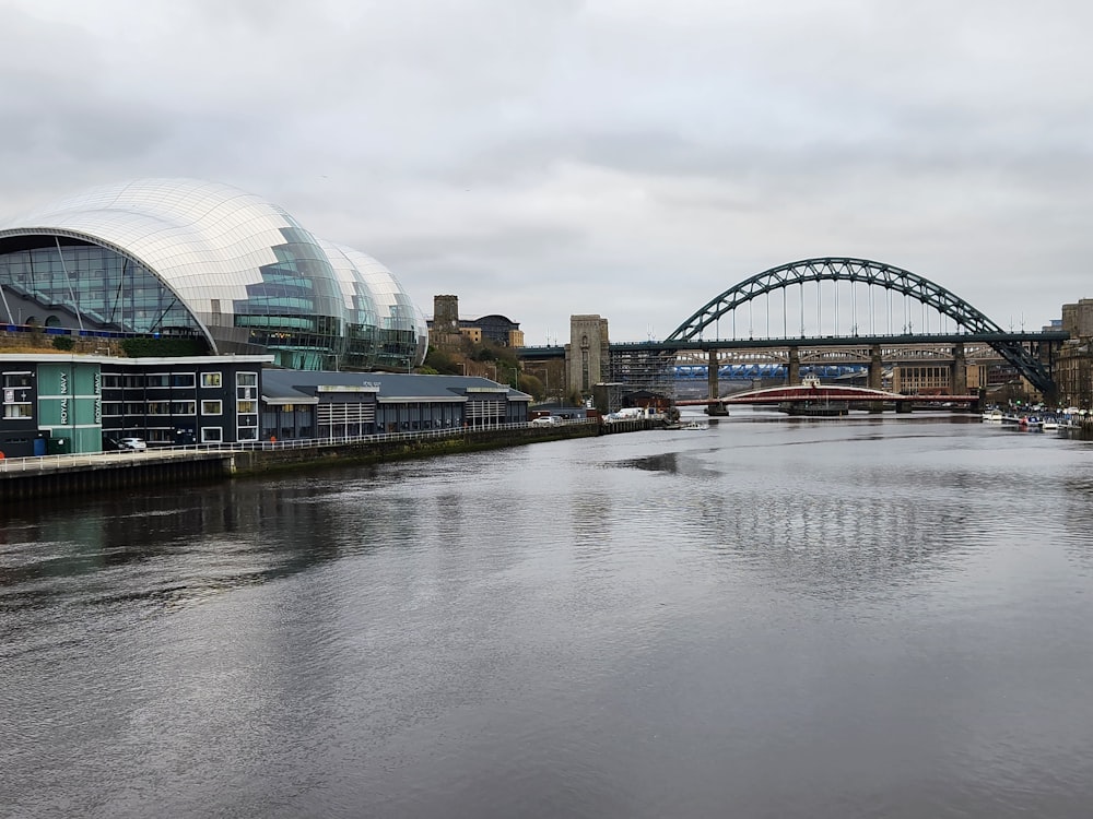 a river running through a city next to a bridge