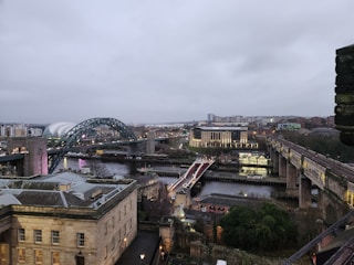 a view of a city with a bridge in the background