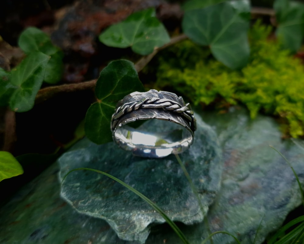 a silver ring sitting on top of a leaf covered ground