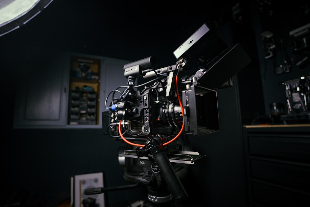 a camera set up in a dark room