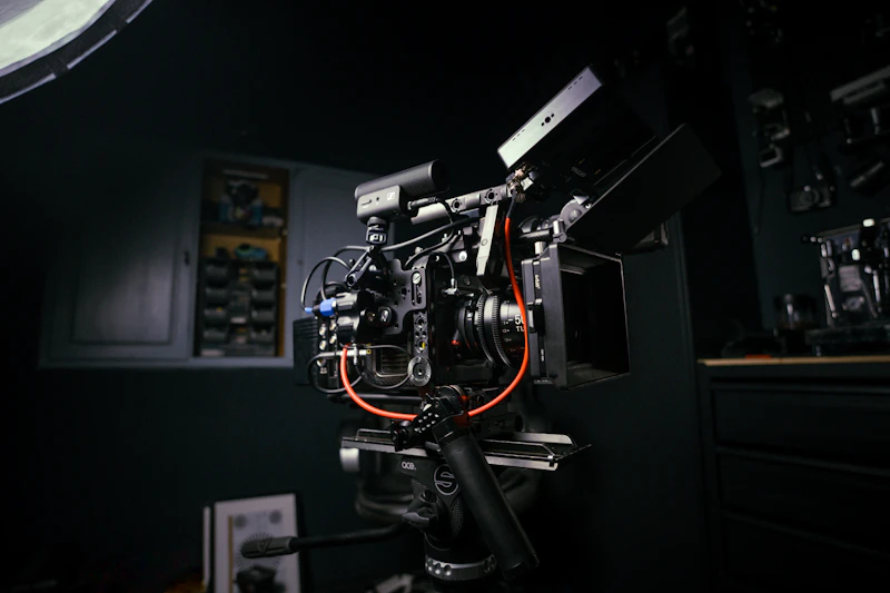 A cinema camera set up in a darkened room — the operational machinery behind multi-platform delivery.