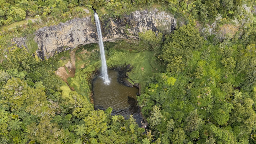 an aerial view of a waterfall in the middle of a forest