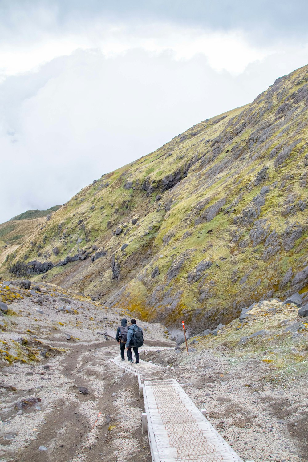 a couple of people walking down a dirt road