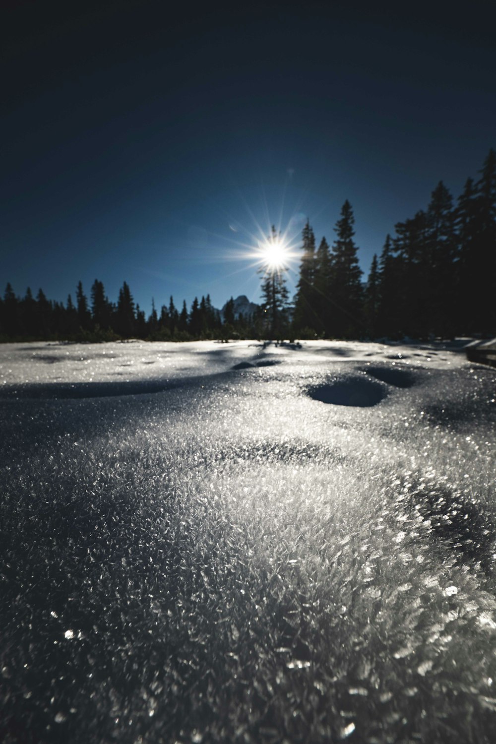 the sun shines brightly over the snow covered ground