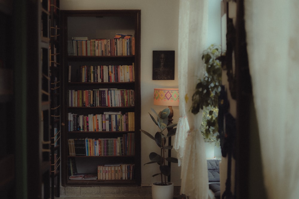 a bookshelf filled with lots of books next to a window