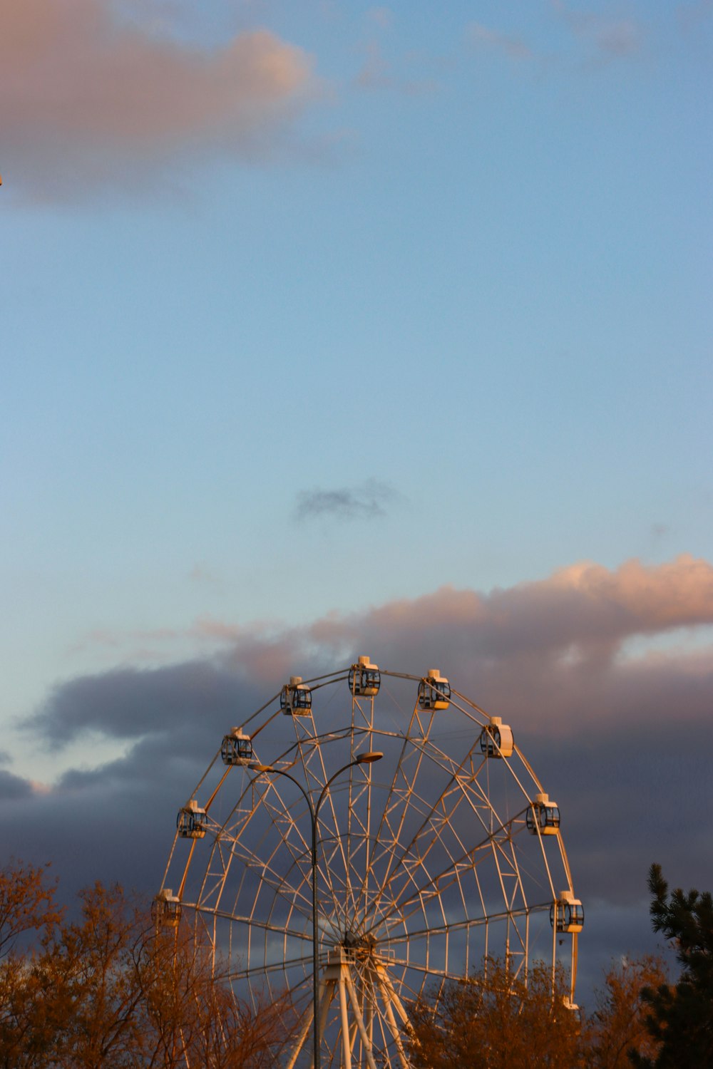 a ferris wheel in front of a cloudy sky