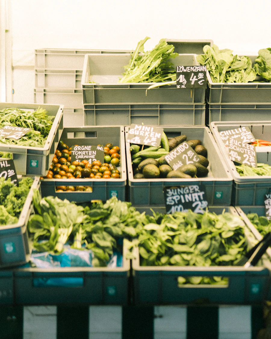 Fresh vegetables arranged in a grocery market produce section
