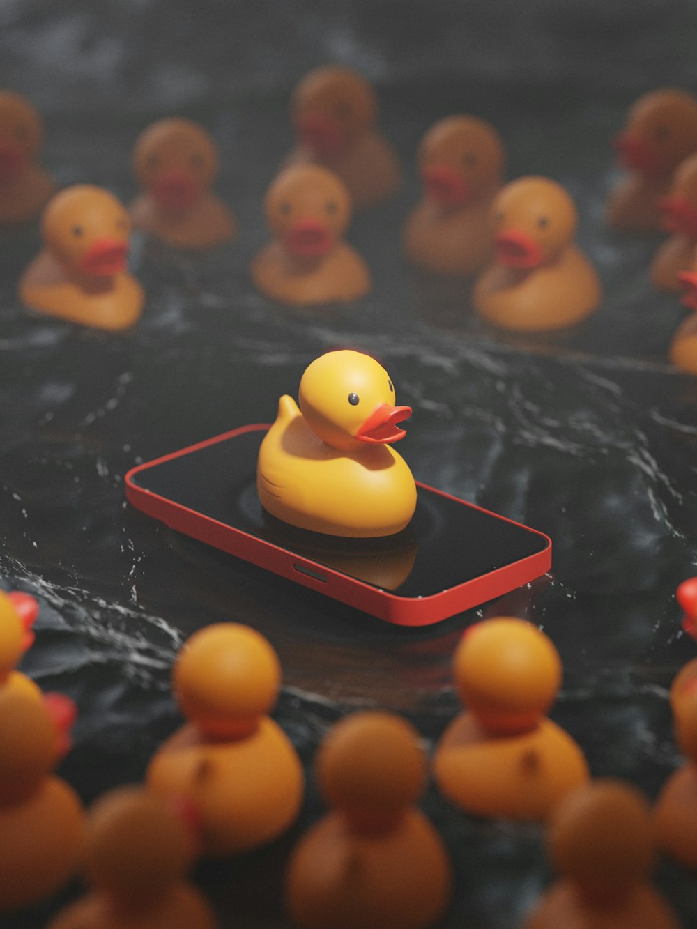 a rubber ducky floating in a pool of rubber ducks
