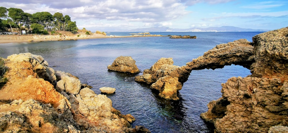 a body of water surrounded by rocks and trees