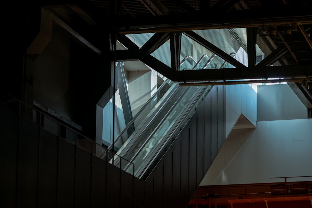 an escalator in a building with a skylight