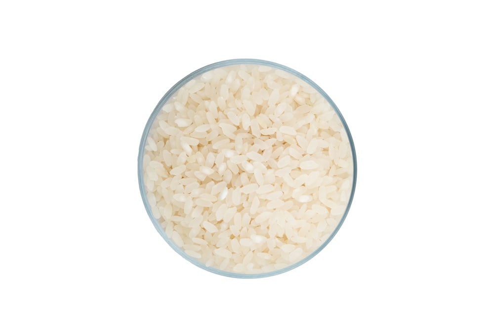 uma tigela de arroz em um fundo branco