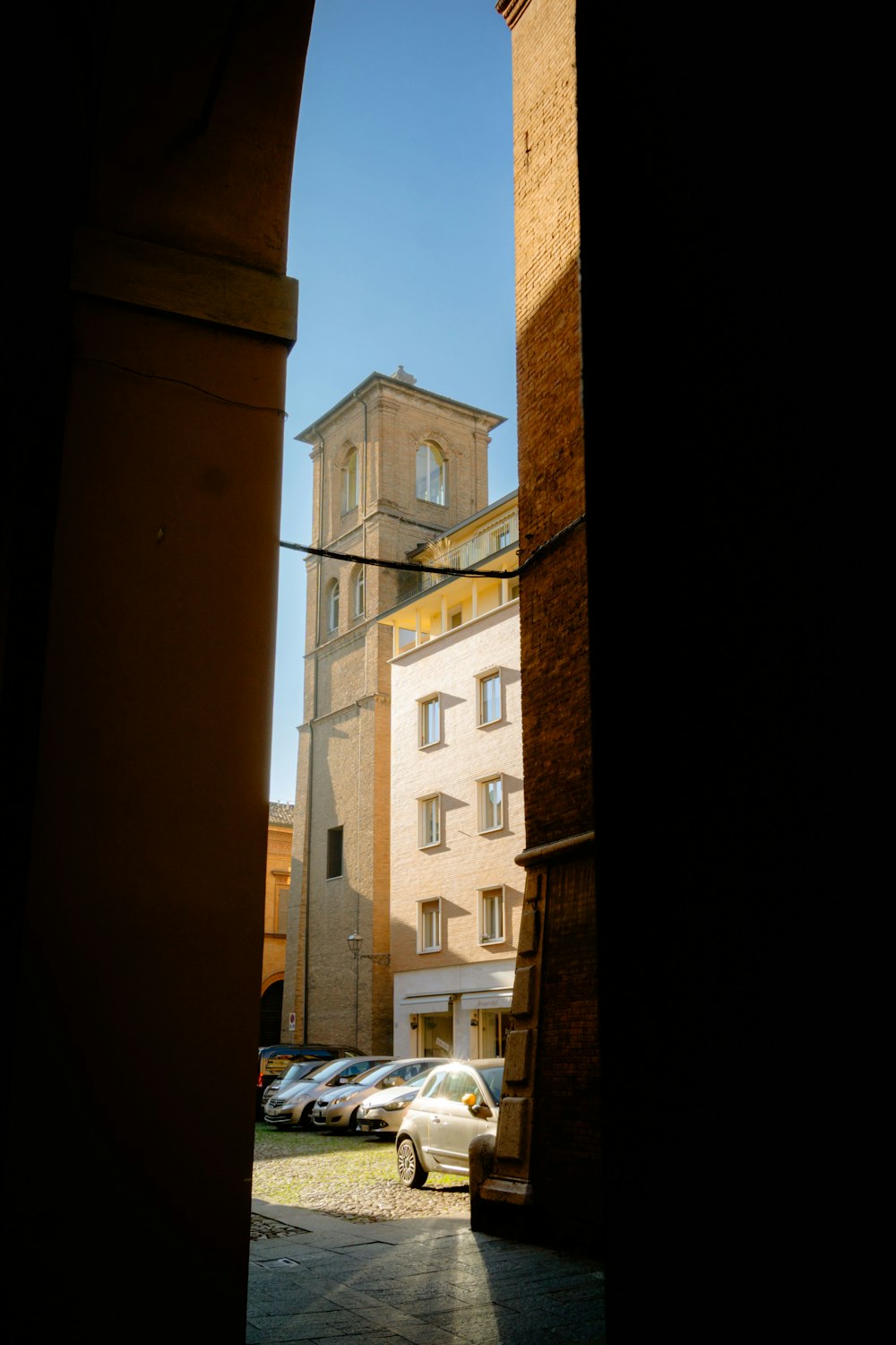 a view of a building through a doorway