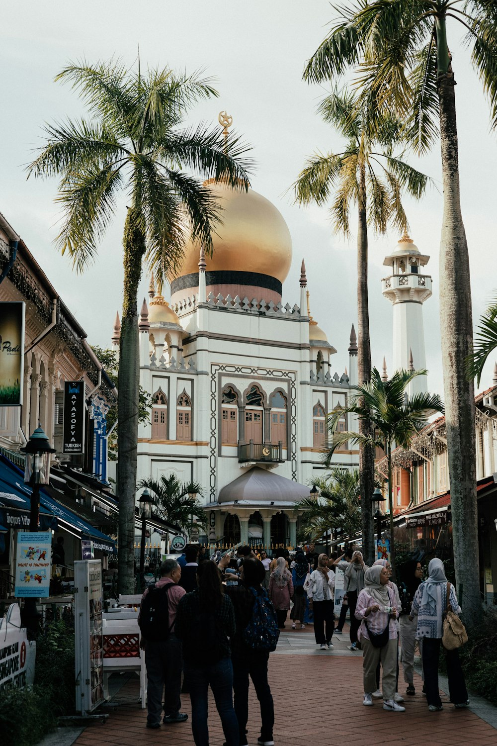 a group of people walking down a street next to tall palm trees