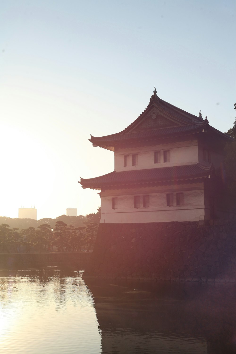 a large white building sitting on top of a lake