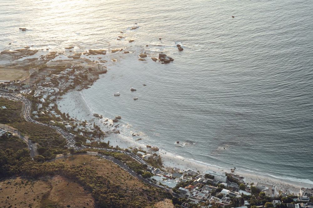 an aerial view of a beach and ocean