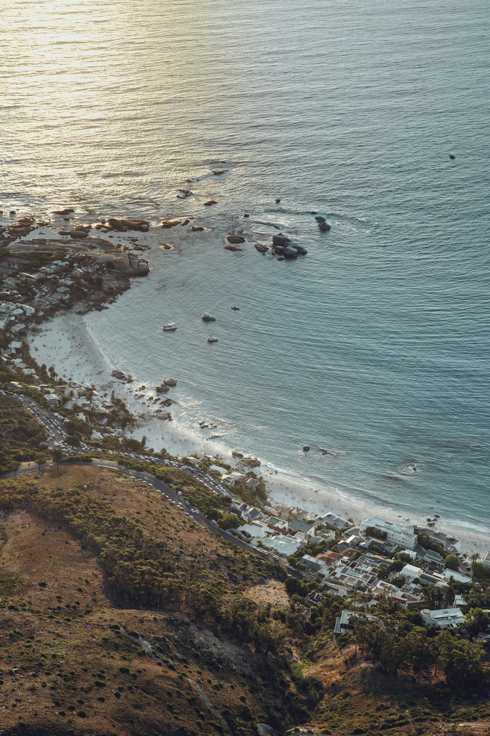 an aerial view of a beach and a body of water