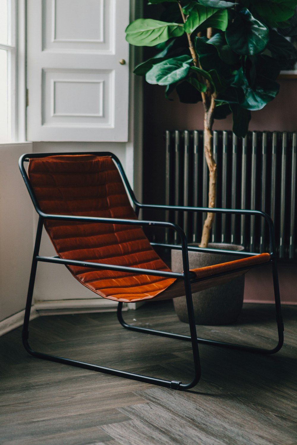 a chair sitting in front of a potted plant