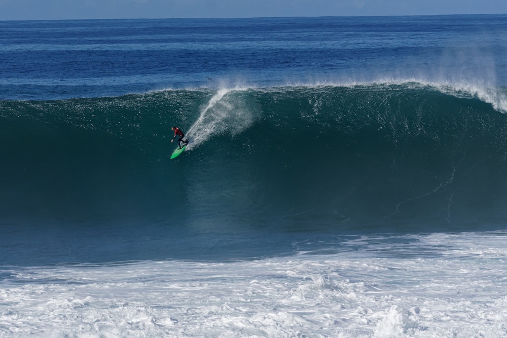 a man riding a wave on top of a surfboard