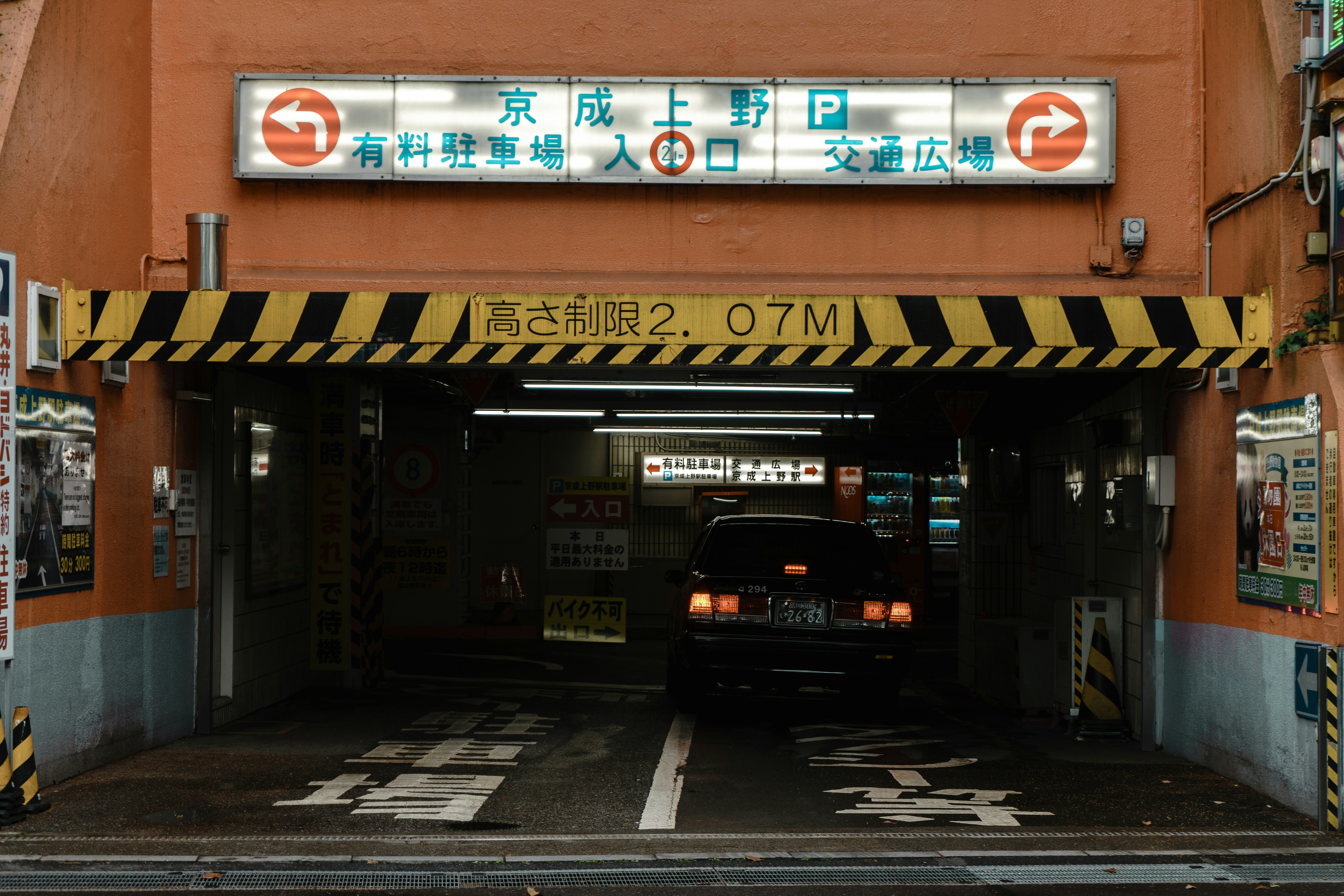 a car is parked in a parking garage