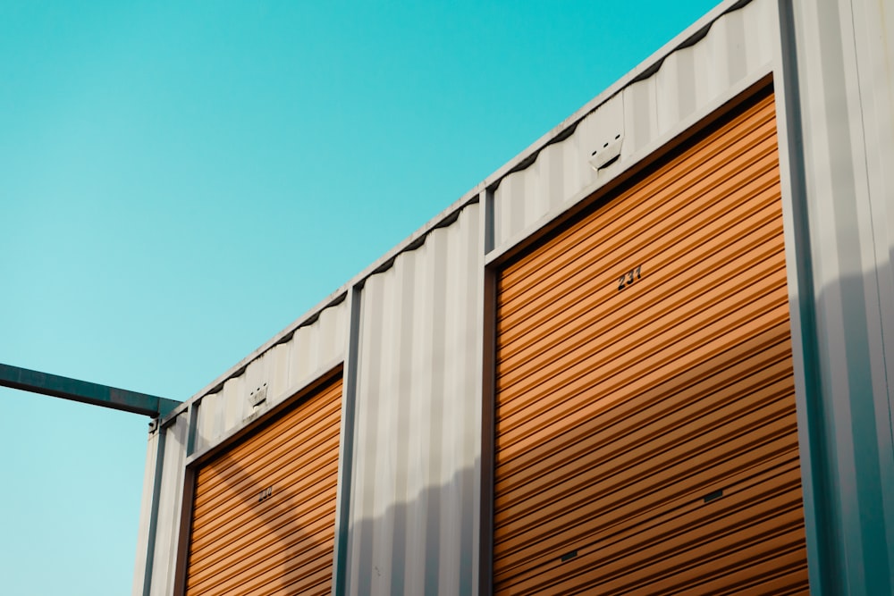 a close up of a closed door on a building