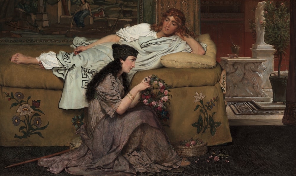 a painting of two women laying on a couch