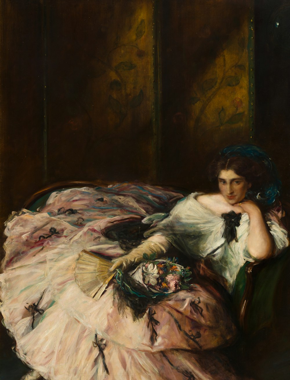 a painting of a woman in a pink dress