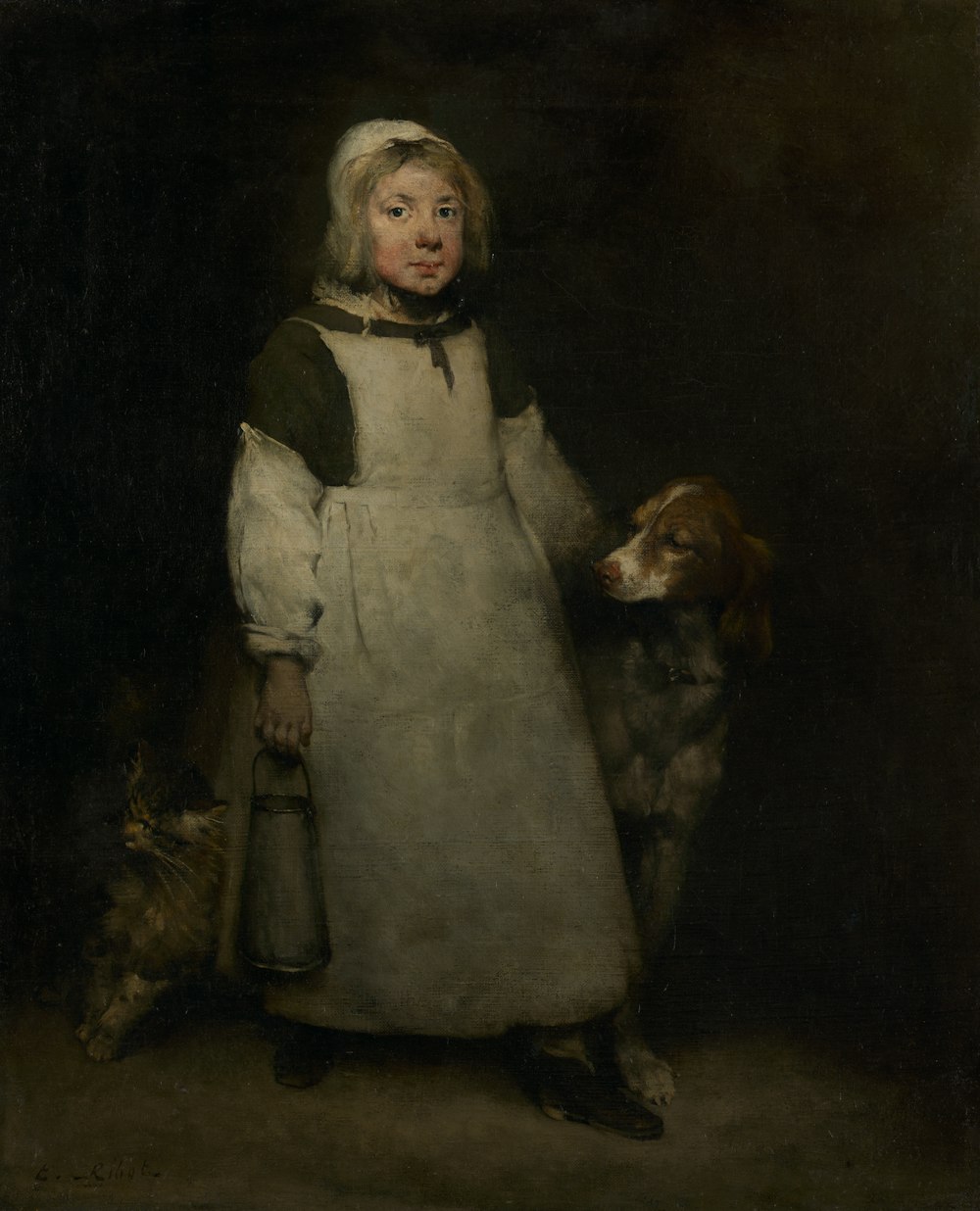 a painting of a young girl with a dog
