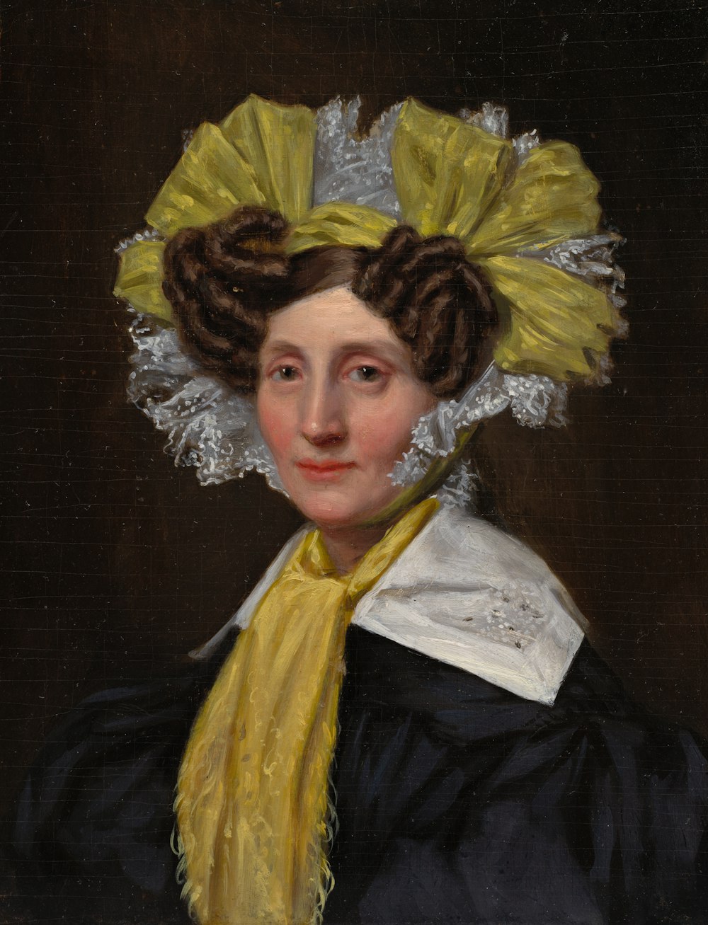 uma pintura de uma mulher usando um lenço amarelo