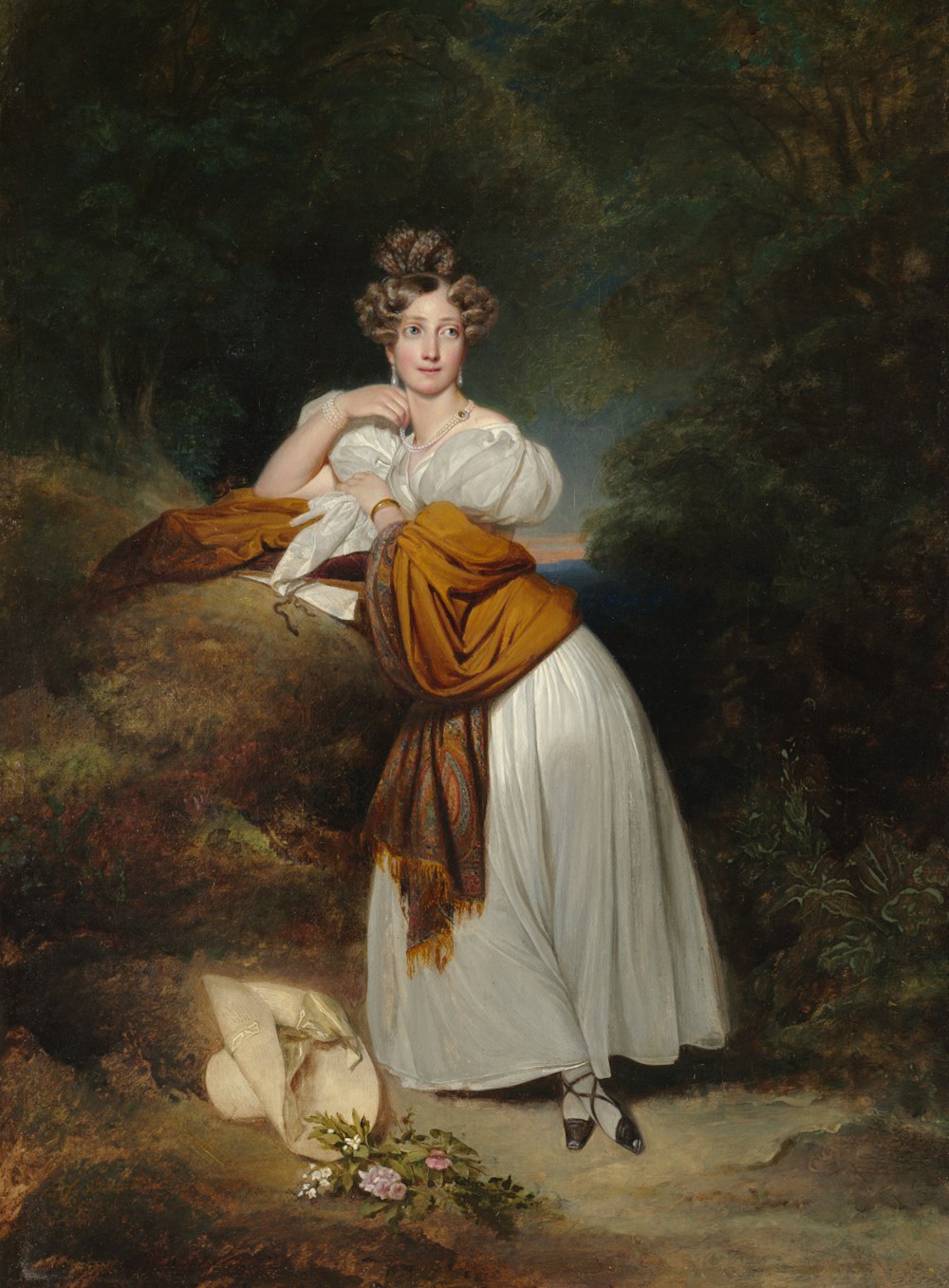 a painting of a woman in a white dress