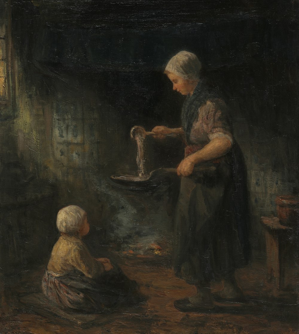 a painting of a woman and child cooking food