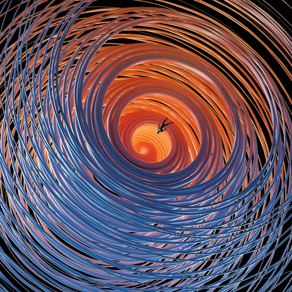 a bird flying through a spiral of blue and orange lines