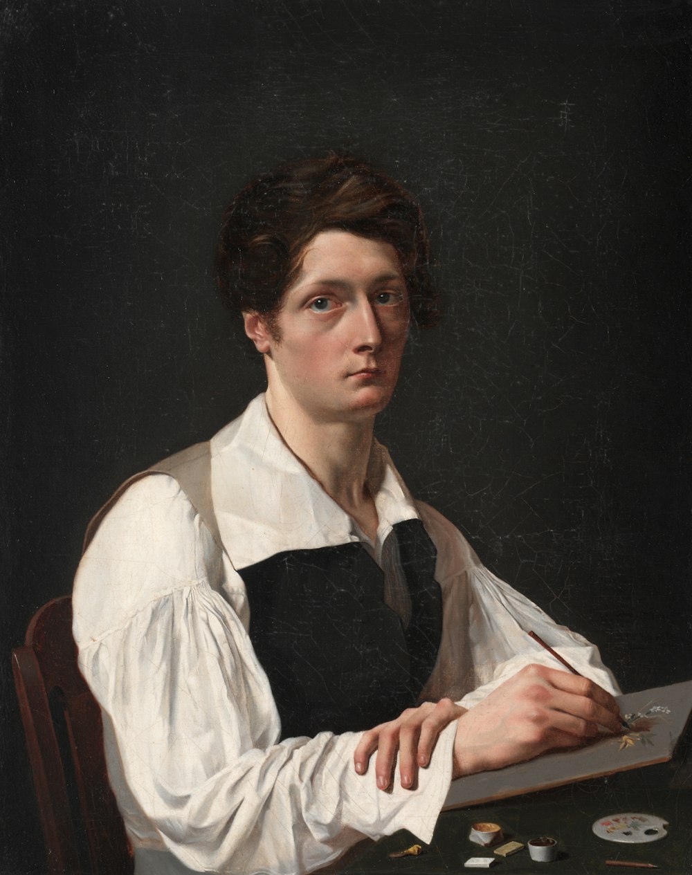 una pintura de una mujer sentada en una mesa